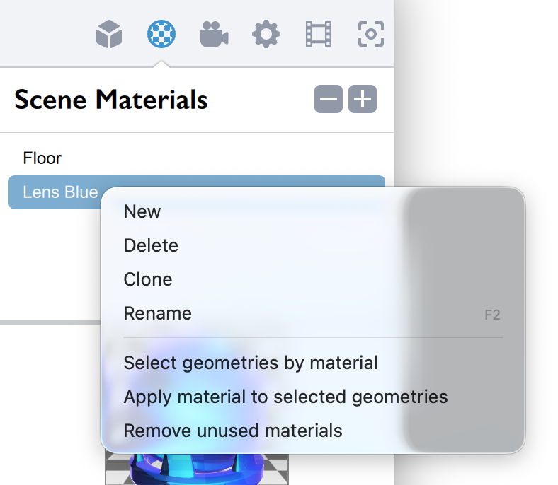 Koru scene materials list context menu