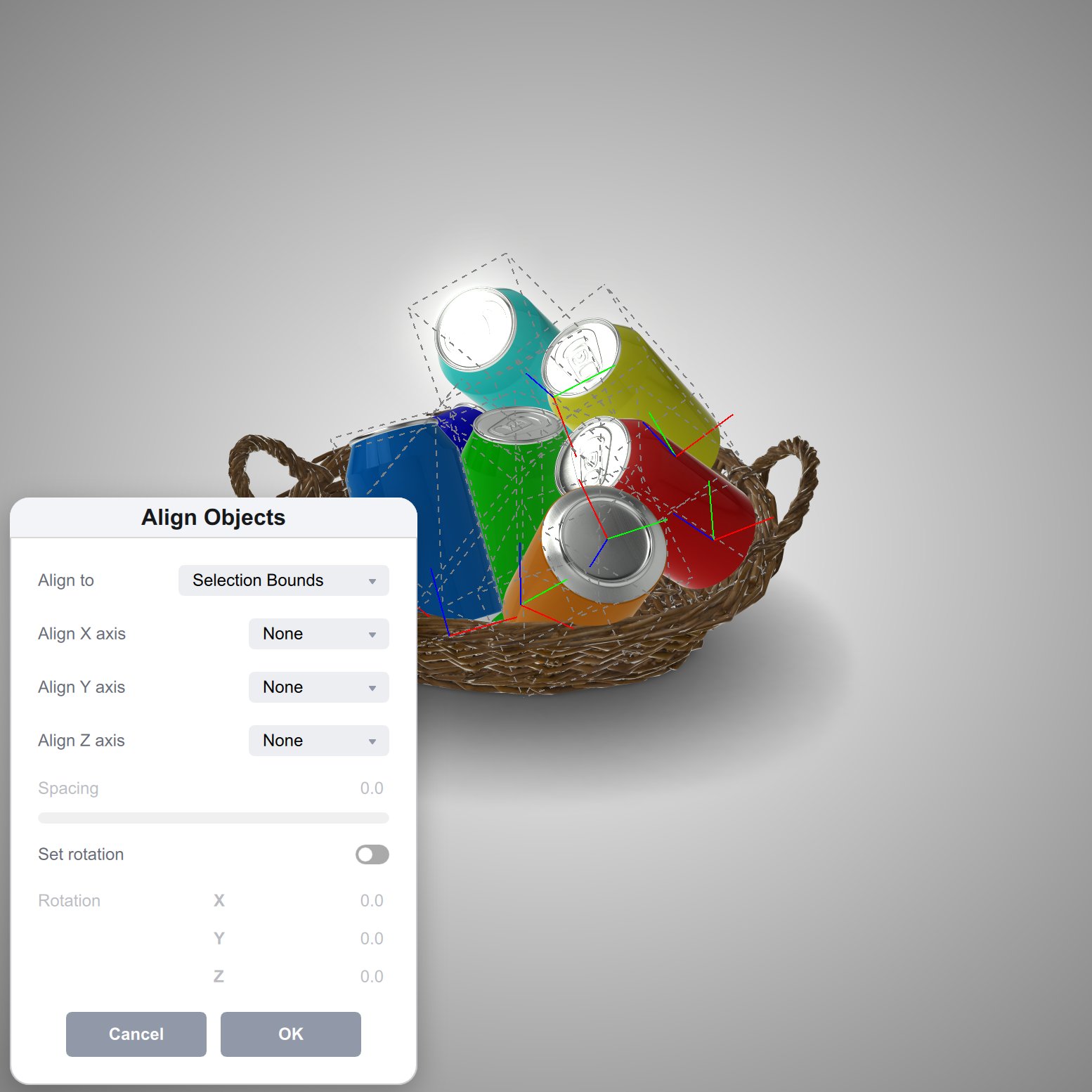 Koru scene with misaligned cans and Align Objects dialog