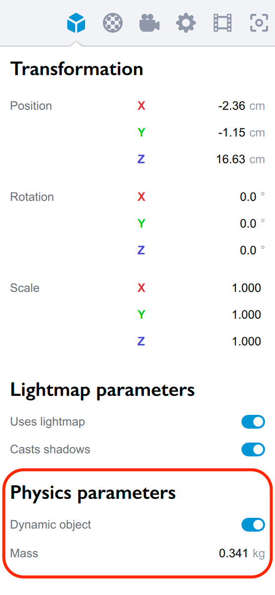 Physics parameters in Koru node properties panel