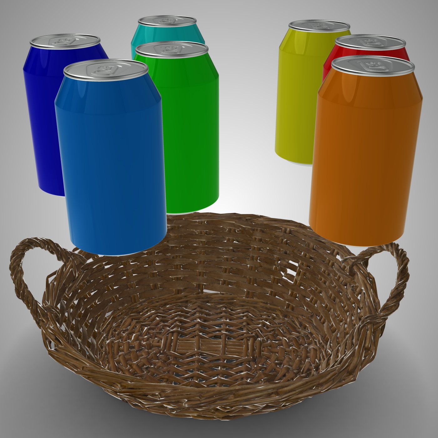 Soda cans floating above the wicker basket before simulation
