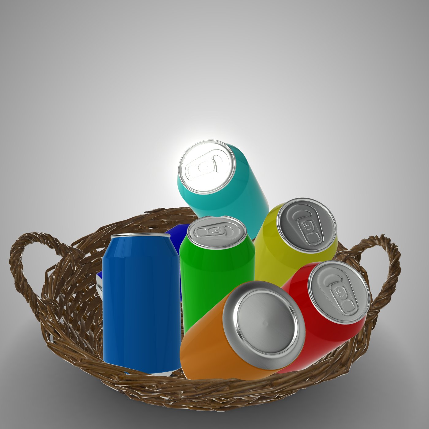Soda cans settled naturally inside the wicker basket after physics simulation